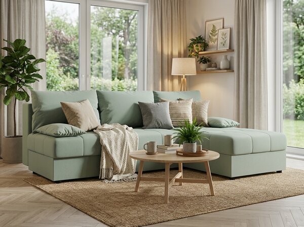 Razvlačna kutna garnitura L VENORIA SLIM 200x143 cm, svijetlo zelena + 2 jastuka GRATIS, univerzalna