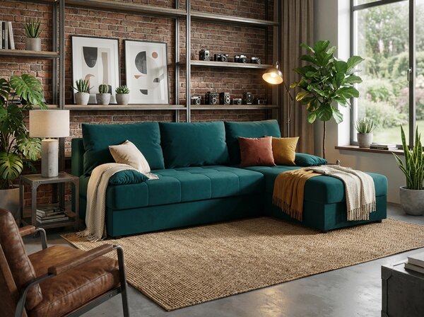Razvlačna kutna garnitura L VENORIA SLIM 200x143 cm, petrolej + 2 jastuka GRATIS, univerzalna