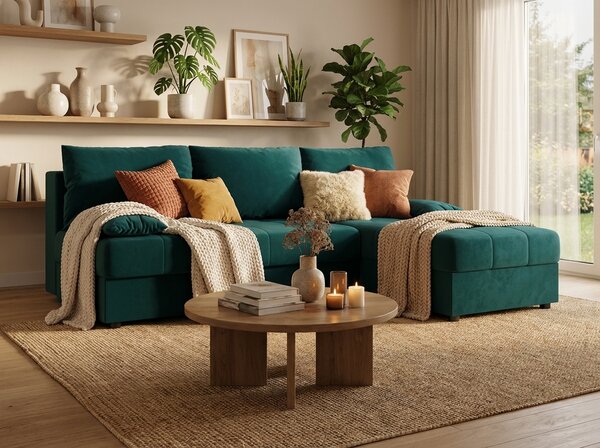 Razvlačna kutna garnitura L VENORIA SLIM 200x143 cm, petrolej + 2 jastuka GRATIS, univerzalna