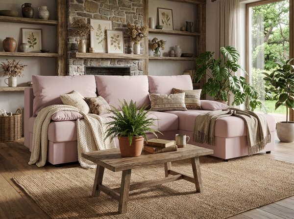 Razvlačna kutna garnitura L VENORIA SLIM 200x143 cm, puderasto roza + 2 jastuka GRATIS, univerzalna