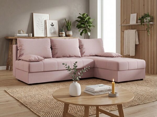 Razvlačna kutna garnitura L VENORIA SLIM 200x143 cm, puderasto roza + 2 jastuka GRATIS, univerzalna