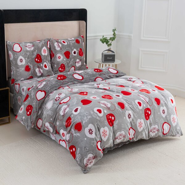 Set posteljina mikropliš CHRISTMAS HEART siva + plahta od mikroplyša SOFT 180x200 cm bijela, dvokrevetna