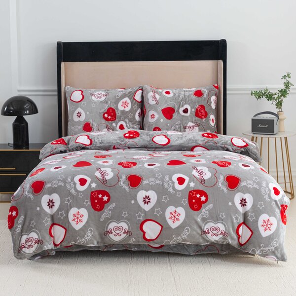 Set posteljina mikropliš CHRISTMAS HEART siva + plahta od mikroplyša SOFT 180x200 cm bijela, dvokrevetna