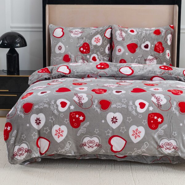 Set posteljina mikropliš CHRISTMAS HEART siva + plahta od mikroplyša SOFT 180x200 cm bijela, dvokrevetna