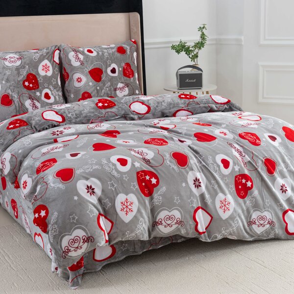 Set posteljina mikropliš CHRISTMAS HEART siva + plahta od mikroplyša SOFT 180x200 cm bijela, dvokrevetna