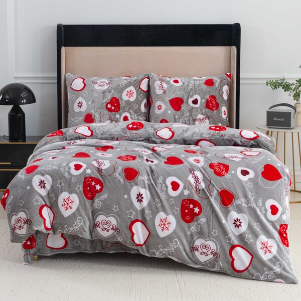 Set posteljina mikropliš CHRISTMAS HEART siva + plahta od mikroplyša SOFT 180x200 cm bijela, dvokrevetna