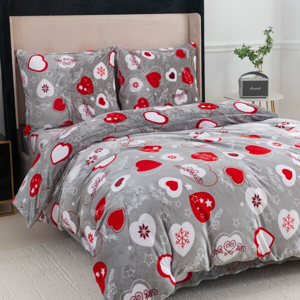 Set posteljina mikropliš CHRISTMAS HEART siva + plahta od mikroplyša SOFT 180x200 cm bijela, dvokrevetna
