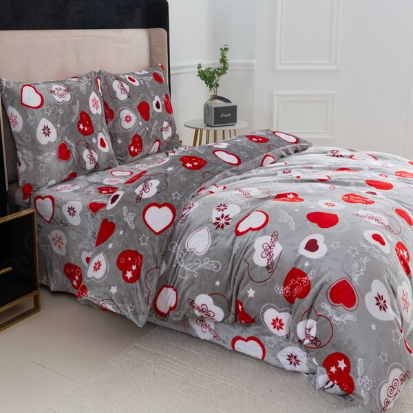 Set posteljina mikropliš CHRISTMAS HEART siva + plahta od mikroplyša SOFT 180x200 cm bijela, dvokrevetna