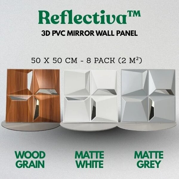 Reflectiva™ 3d Pvc Zidna Ploča S Ogledalom 50 X 50 Cm - Paket Od 8 Komada, Drveni Uzorak