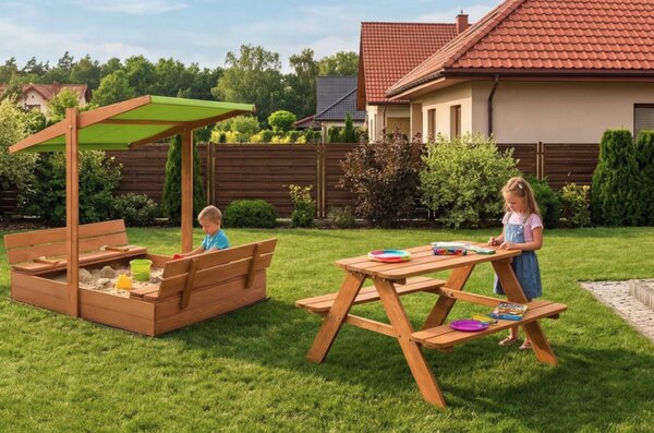 Dječji vrtni piknik stol s klupama, prirodno drvo, 90 × 90 cm