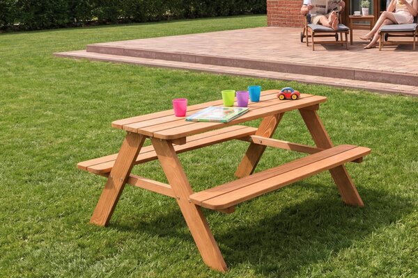 Dječji vrtni piknik stol s klupama, prirodno drvo, 90 × 90 cm