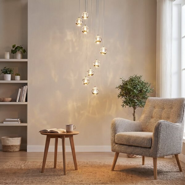 Lucande LED viseća lampa Hayley, Ø 40 cm, 9 žarulja, zlatna, staklo, Zlato / mjed, Dnevni boravak/blagovaonica, Staklo
