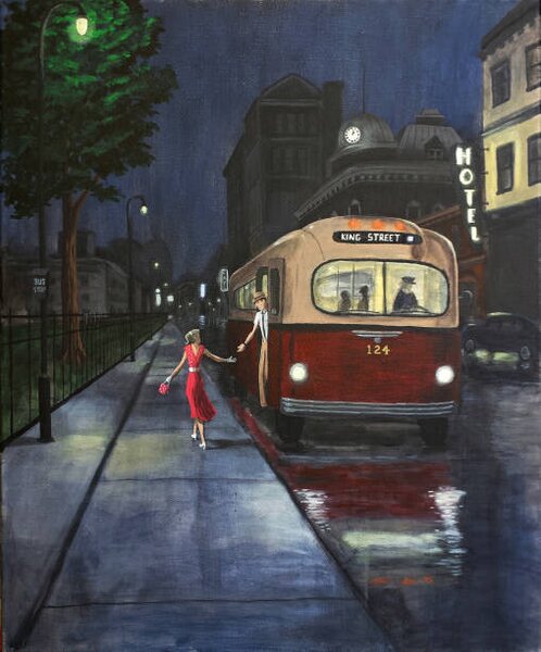 Ilustracija 50s Couple Exits Bus at Night., Dave Rheaume Artist