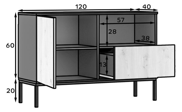 Komoda LANZZI 120x40 cm, crna/dub