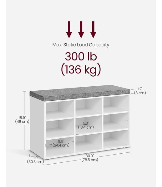 Klupa za pohranu obuće s 9 pretinaca, 30,3 x 78,5 x 48 cm, siva i bijela | VASAGLE