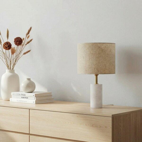 Lindby stolna lampa Alabaster, bijela/bež, Ø 25 cm, mramor, E27, Bež, Dnevni boravak/blagovaonica, Tkanina / tekstil