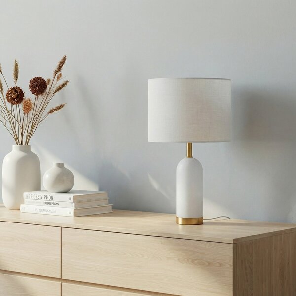 Lindby stolna lampa alabaster, bijelo/zlato, Ø 30 cm, mramor, E27, Bijela, Dnevni boravak/blagovaonica, Tkanina / tekstil