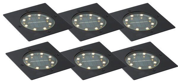 Set od 6 crnih četvrtastih ugradbenih reflektora uklj. LED IP65 solarni - Terry