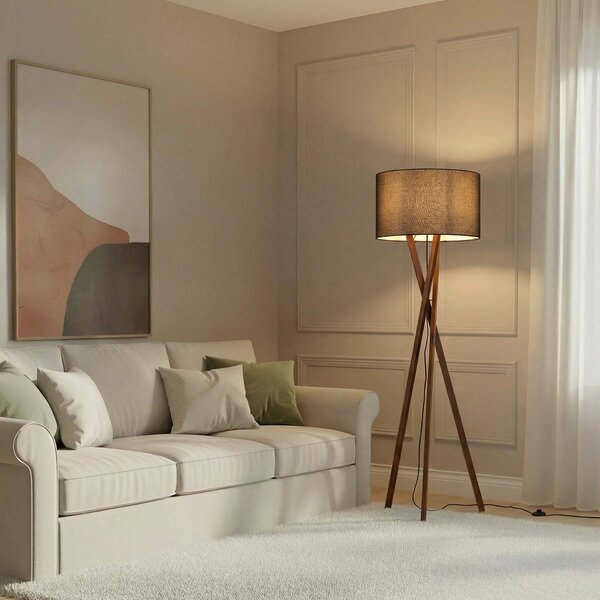 Lucande podna lampa Auriane, tronožac, crna, tkanina, 160 cm, Drvo, Dnevni boravak/blagovaonica, Tkanina / tekstil, tronožac