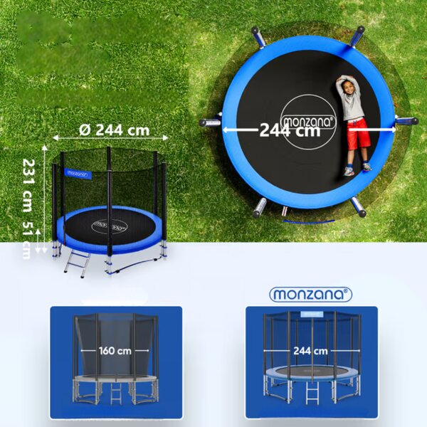Trampolin s sigurnosnom mrežom JUMP, Ø244cm, crno/plava Monzana
