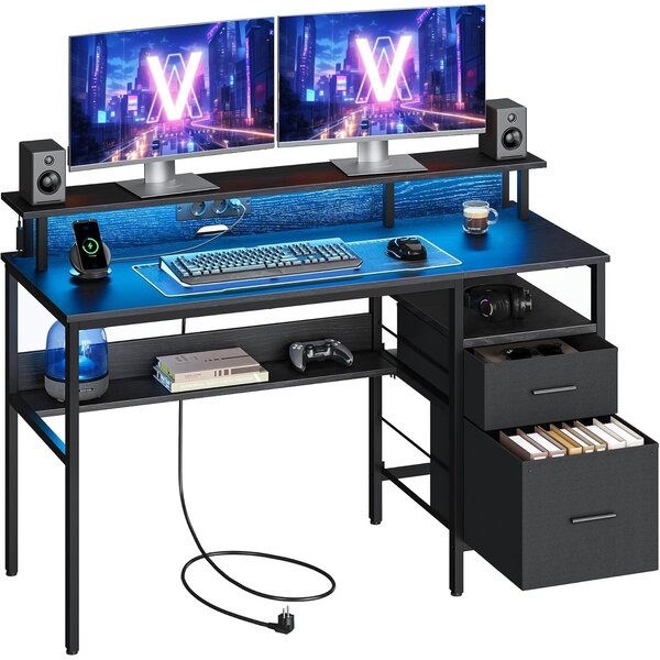 Radni stol, gaming stol s LED osvjetljenjem i ladicama, 55 x 135 x 90 cm, crni