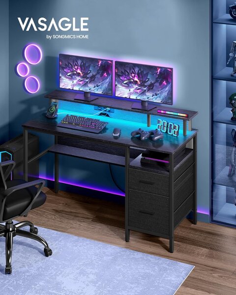 Radni stol, gaming stol s LED osvjetljenjem i ladicama, 55 x 135 x 90 cm, crni