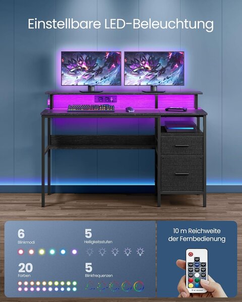 Radni stol, gaming stol s LED osvjetljenjem i ladicama, 55 x 135 x 90 cm, crni