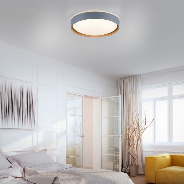 Q-Smart-Home Paul Neuhaus Q-EMILIA LED stropna svjetiljka, siva/drvena, prigušiva, Sivo, Dnevni boravak/blagovaonica, Metal