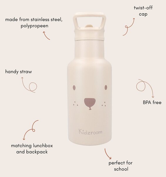 Kidzroom dječja boca za vodu Beary Excited 350 ml - bež, s slamkom