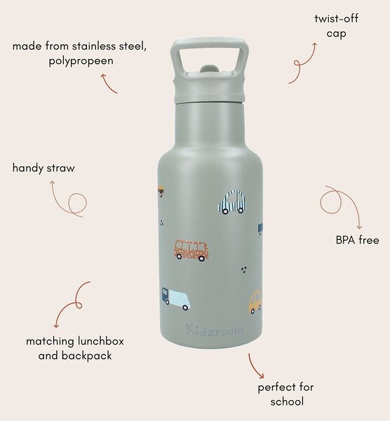 Kidzroom boca za vodu Sweet Cuddles 350 ml - zelena s autićima