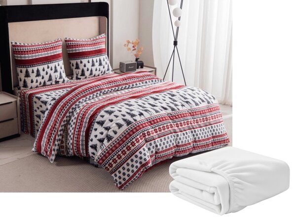 Sada posteljine od mikropliša TWINKLE CHRISTMAS u boji + plahta od mikropliša SOFT 90x200 cm bijela, za jedan krevet