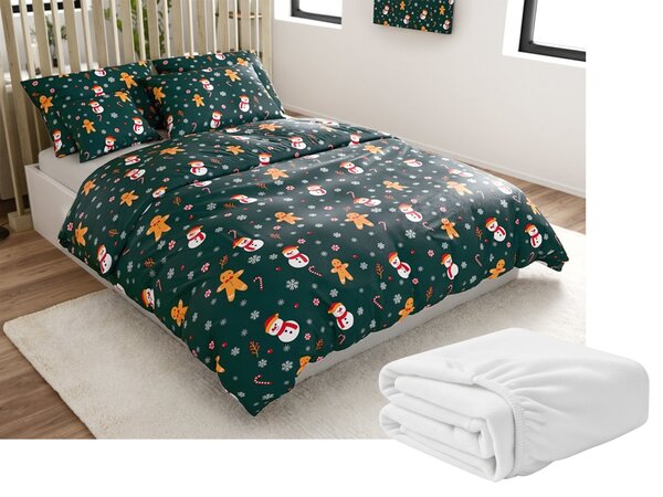 Set posteljine od mikropliša SNOWMAN AND GINGERBREAD zelena + plahta od mikropliša SOFT 180x200 cm bijela, bračni krevet