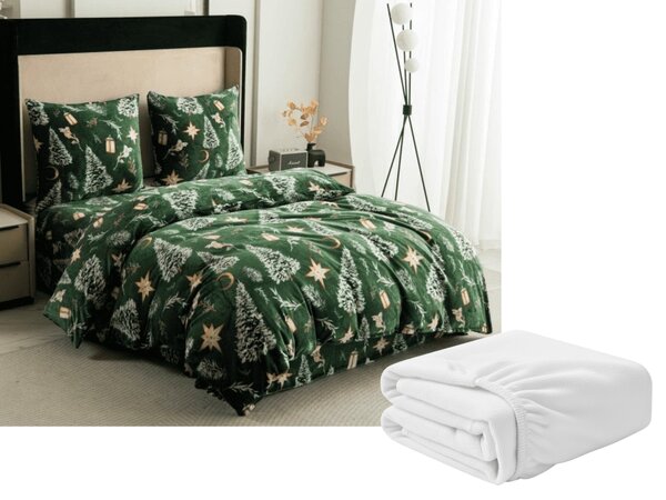 Set posteljine od mikropliša GREEN CHRISTMAS zelene + plahta od mikropliša SOFT 90x200 cm bijele, za jedan krevet