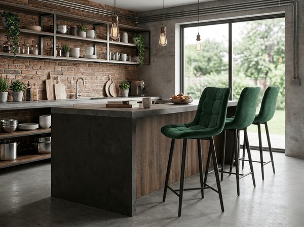 Barska stolica CHIC VELVET s crnim nogama, tamnozelena