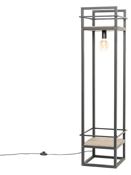 Industrijska podna svjetiljka crna s drvom - Cage Rack