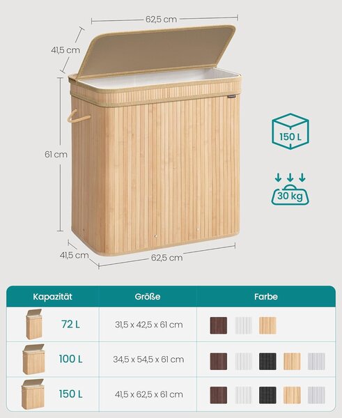 Košara za rublje od bambusa, 41,5 x 62,5 x 61 cm, 150 l, prirodno bež boje | SONGMICS