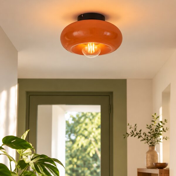 Retro crna stropna svjetiljka s narančastim staklom 30cm - Glaze