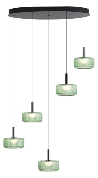 Fiera Designer Pendant Lamp: Gunmetal Finish with Green Glass, Integrated LED, 3-Step Dimmable, 5-Light Easylift