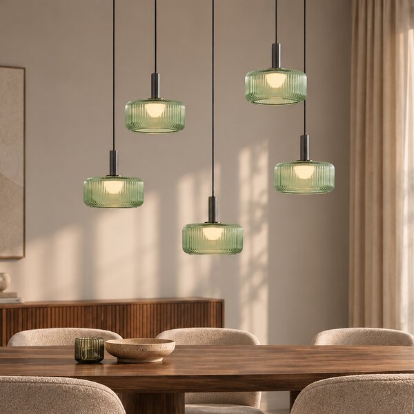 Fiera Designer Pendant Lamp: Gunmetal Finish with Green Glass, Integrated LED, 3-Step Dimmable, 5-Light Easylift