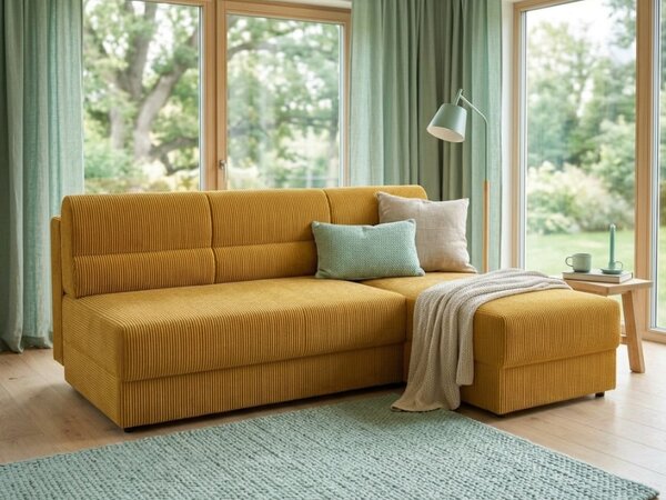 Razvlačna kutna garnitura L TAVERO SLIM 201x140 cm, senf, univerzalna