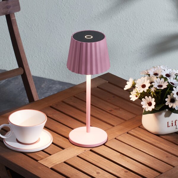 Lindby LED stolna lampa na baterije Esali, roza, metalna, IP54, prigušiva, Ružičasta ruža, Dnevni boravak/blagovaonica, Aluminij