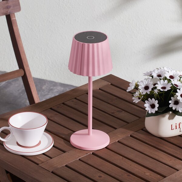 Lindby LED stolna lampa na baterije Esali, roza, metalna, IP54, prigušiva, Ružičasta ruža, Dnevni boravak/blagovaonica, Aluminij