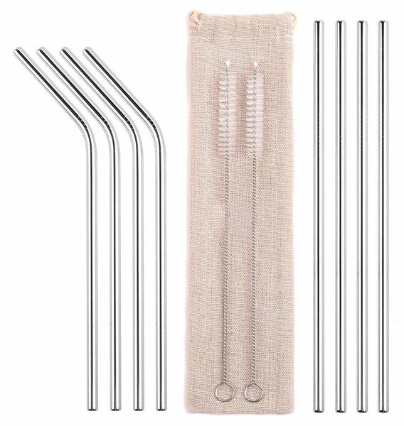 Postavite 8 inox metalnih slamki za višestruku upotrebu + 2x četkicu