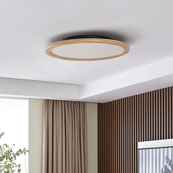 Lucande LED stropna svjetiljka Joren, Ø 48 cm, drvo, CCT, daljinsko, prigušiva, Drvo, Dnevni boravak/blagovaonica, Drvo