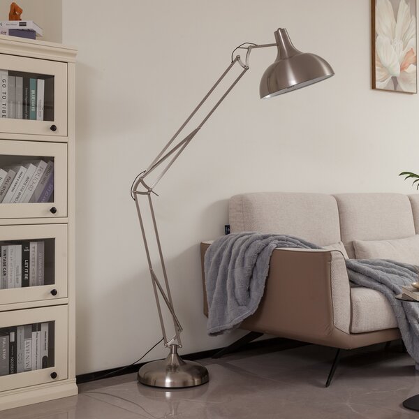 Lindby podna lampa Leia, srebrna, metalna, 180cm, okretna, E27, Metalik, Dnevni boravak/blagovaonica, Metal