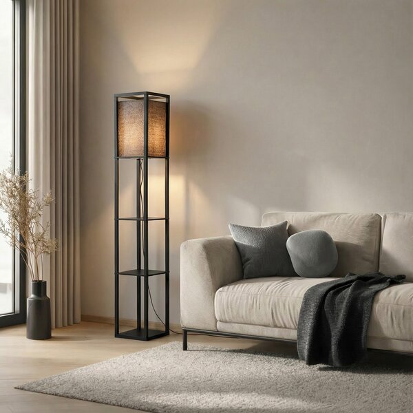 Lindby podna lampa Birta, crna, polica, drvo, 159 cm, Crno, Dnevni boravak/blagovaonica, Drvo