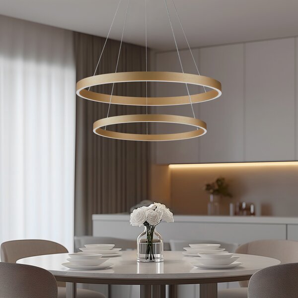 Lucande Smart LED viseća svjetiljka Yonam, zlatna, 2 žarulje, Tuya, prigušiva, Zlato / mjed, Dnevni boravak/blagovaonica, Aluminij