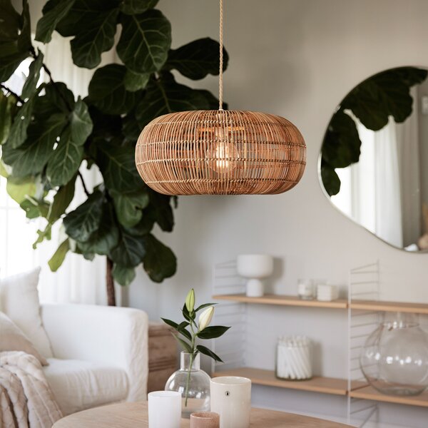 PR Home Kućna viseća lampa Zuri od ratana, Ø 51 cm, prigušiva, Drvo, Dnevni boravak/blagovaonica, Drvo