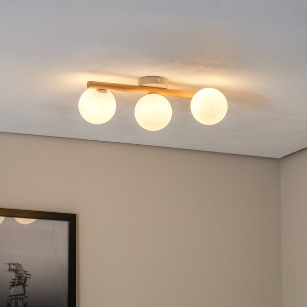 TK Lighting Plafonjera Estera, opalno staklo, drvo, tri žarulje, prigušiva, Drvo, Dnevni boravak/blagovaonica, Staklo, Metak