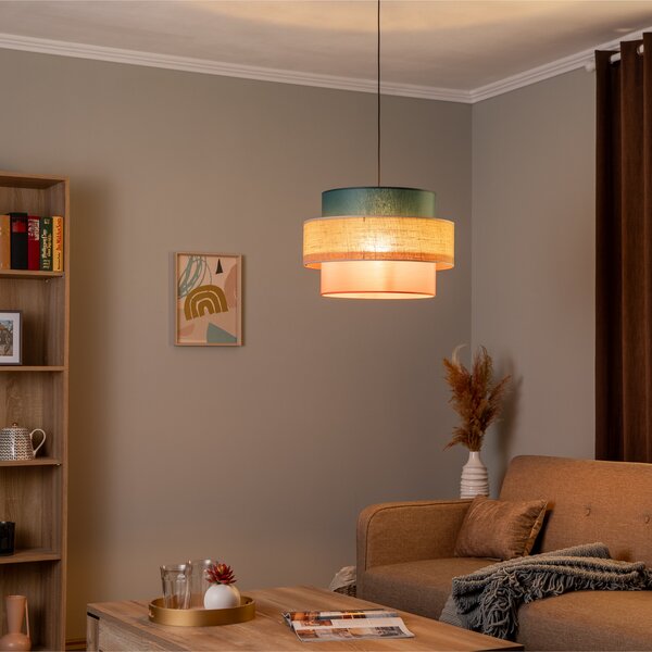 TK Lighting Viseća lampa Trio, sjenilo od jute, petrol/natur smeđa/narančasta Ø 50cm, prigušiva, Višebojno, Dnevni boravak/blagovaonica, Tkanina / tekstil